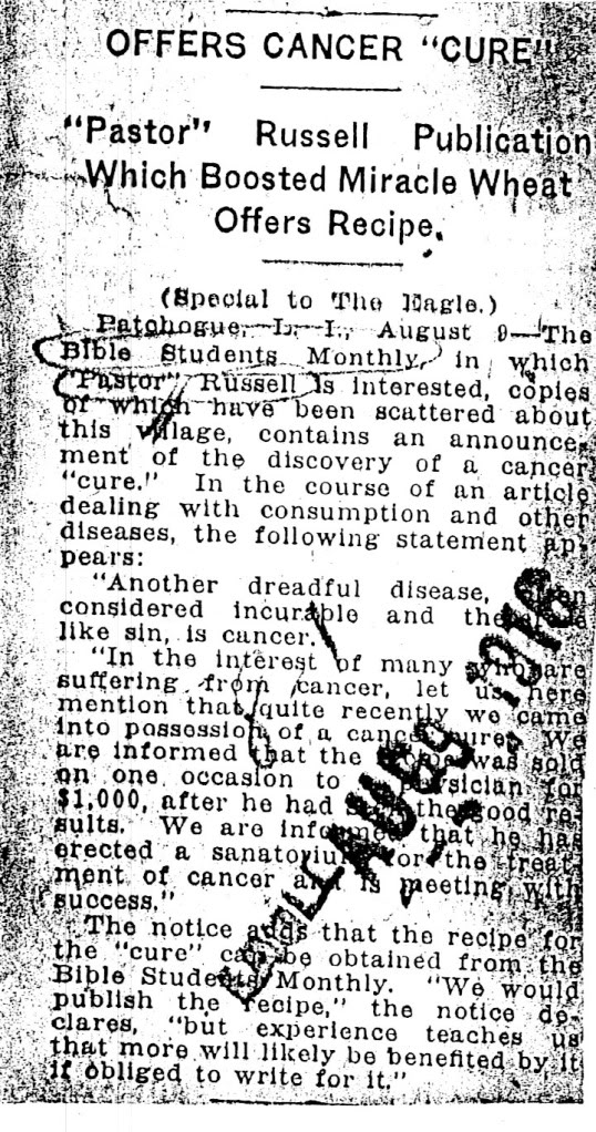 Russell cure cancer, Brooklyn eagle 1916