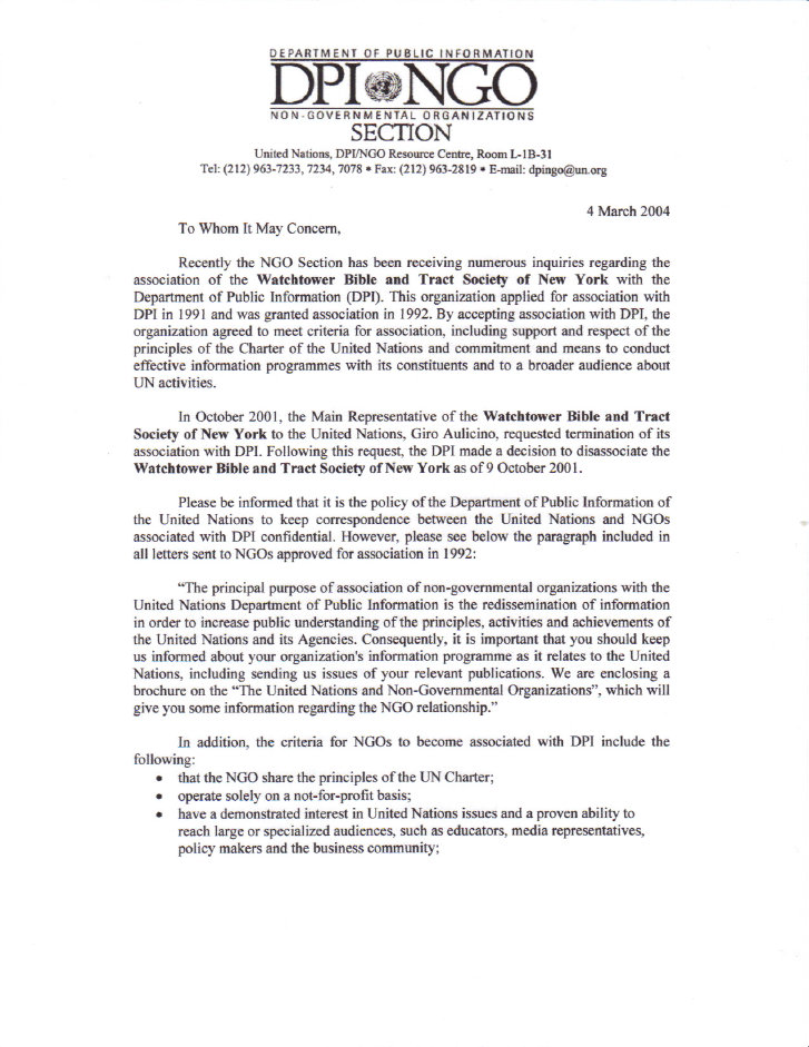 Lettre Watchtower ONU partie 1