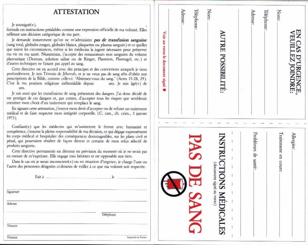 T�moins de J�hovah, pas de sang, instructions m�dicales