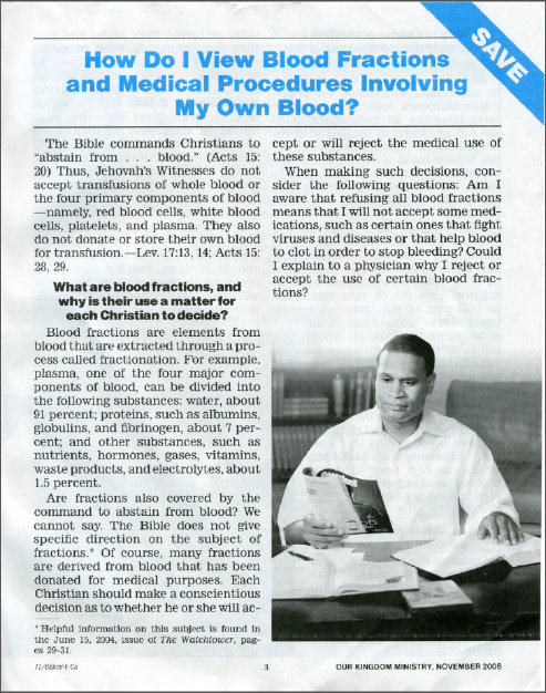 T�moins de J�hovah, fractions du sang, proc�dures m�dicales 1