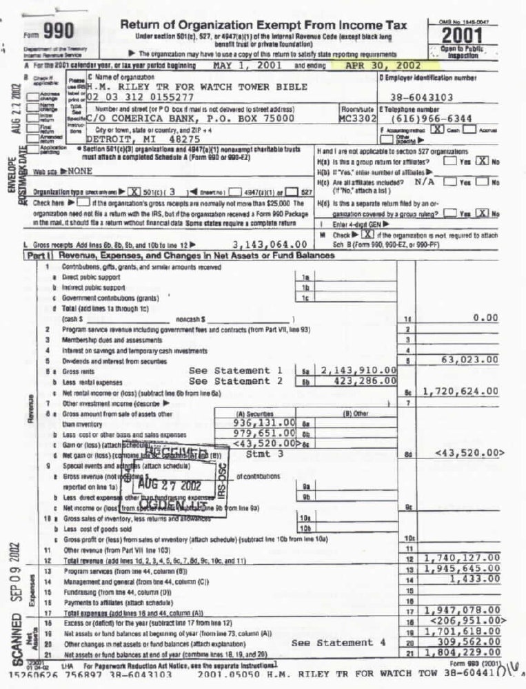 Henrietta M Riley Trust, Watch Tower Bible 1